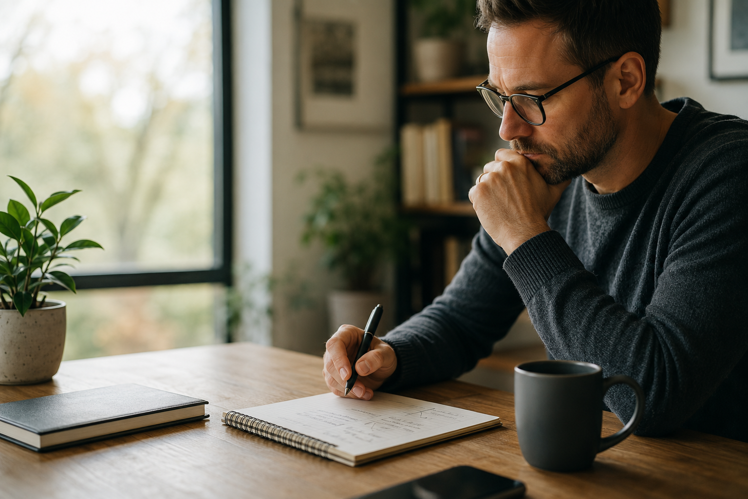 Person reviewing financial decisions and planning with confidence