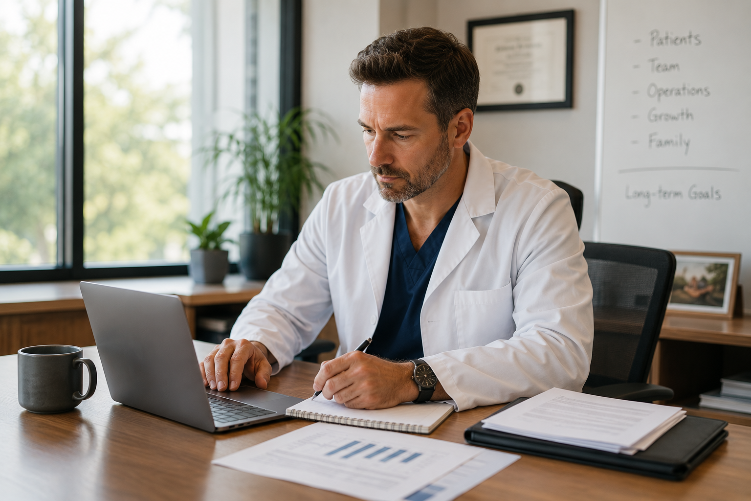 Healthcare practice owner reviewing financial planning decisions for business and personal goals